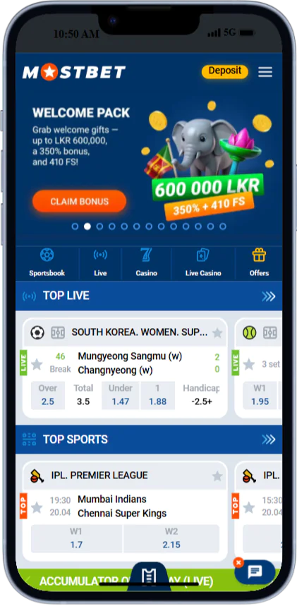 Screenshot of the main page of the Mostbet app