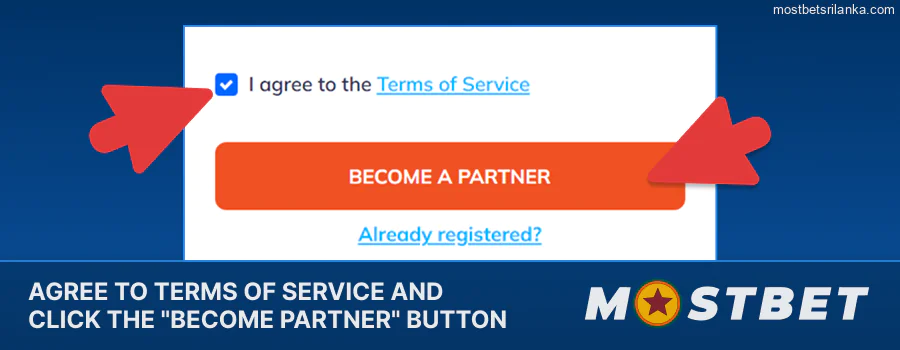 Accept the terms and click "Become a Partner" on Mostbet