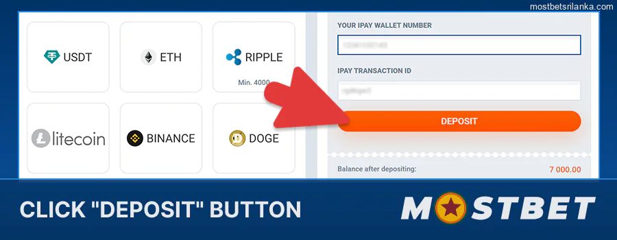 Click "Deposit" on Mostbet and follow the steps