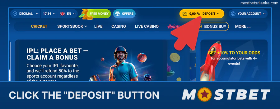 Find the "deposit" button or banking section on Mostbet