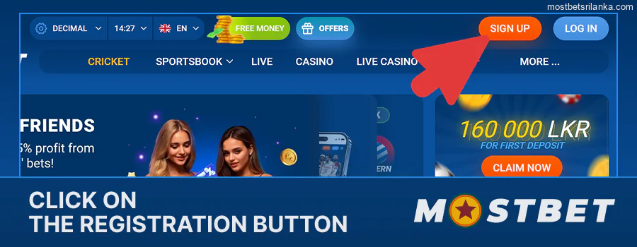 Find and click the "registration" button on Mostbet