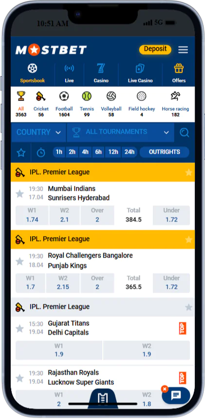 Screenshot of the betting page in the Mostbet app