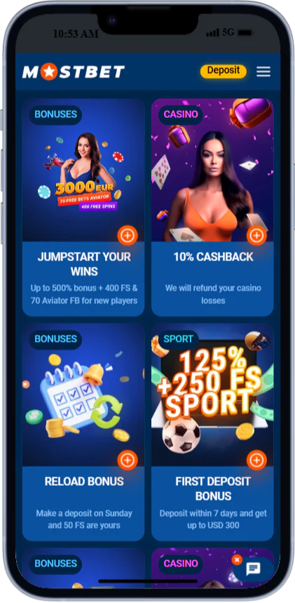 Screenshot of the bonus page in the Mostbet app