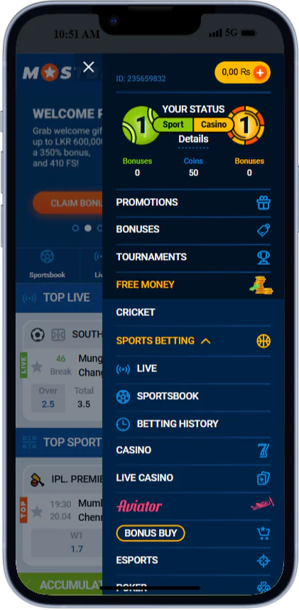 Screenshot of the bonus page in the Mostbet app